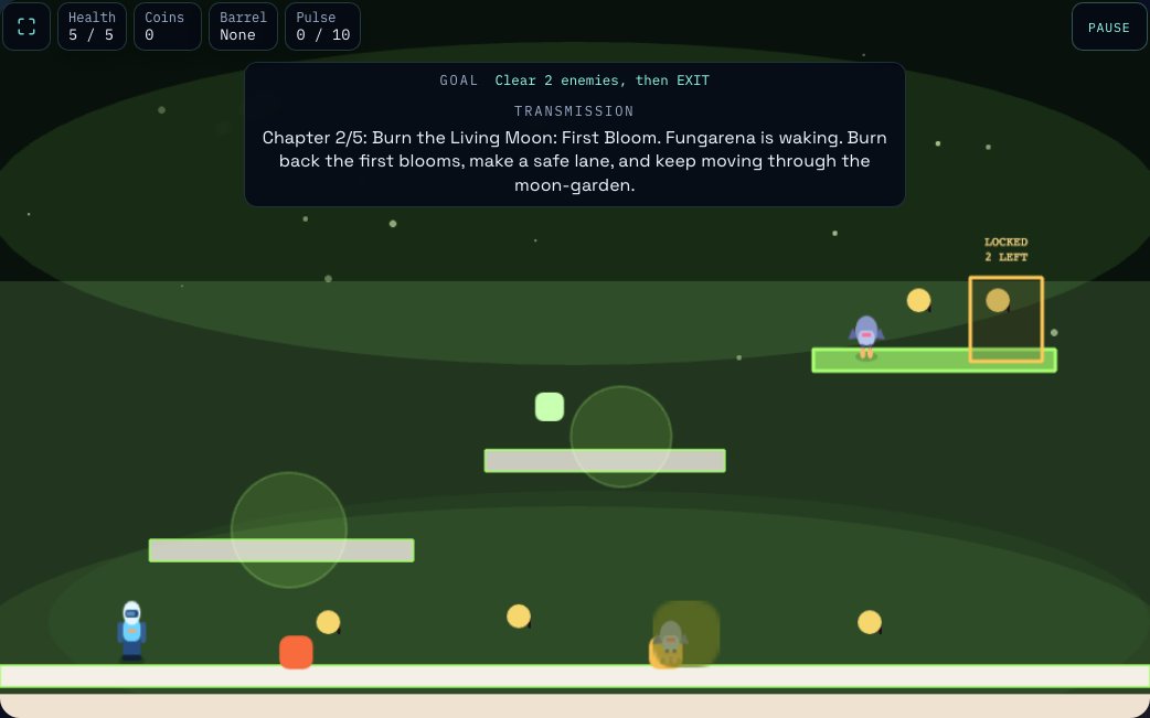 Green platforms and drifting spores in the moon-garden.